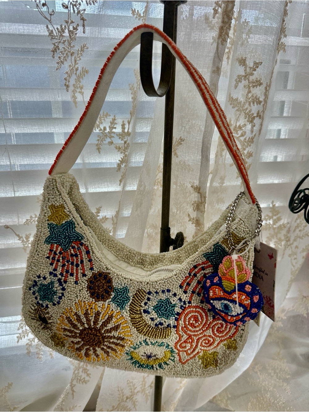 Made in India beaded evil eye had moon shoulder bag